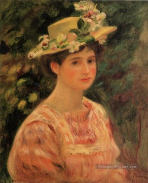  femme - Jeune femme portant un chapeau avec des roses sauvages Pierre Auguste Renoir
